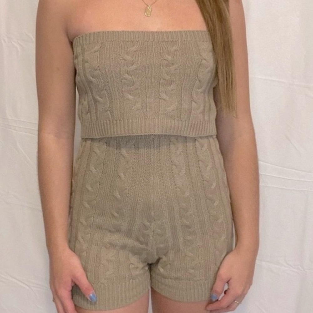 Neutral knit set. Biker shorts + bandeau top.